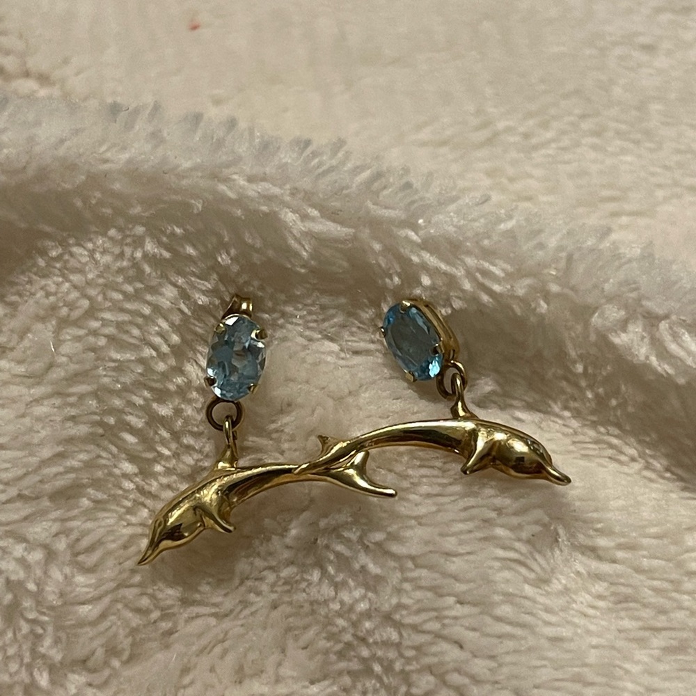 14k gold blue topaz dolphin earrings